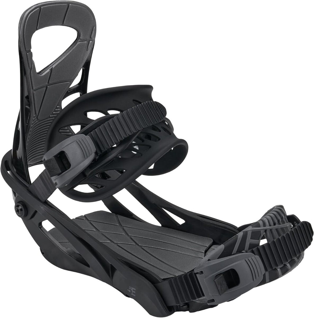 Black snowboard binding on a white background