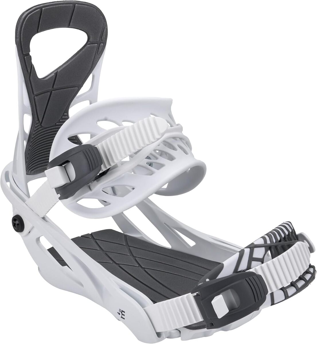 White and black snowboard binding on a white background