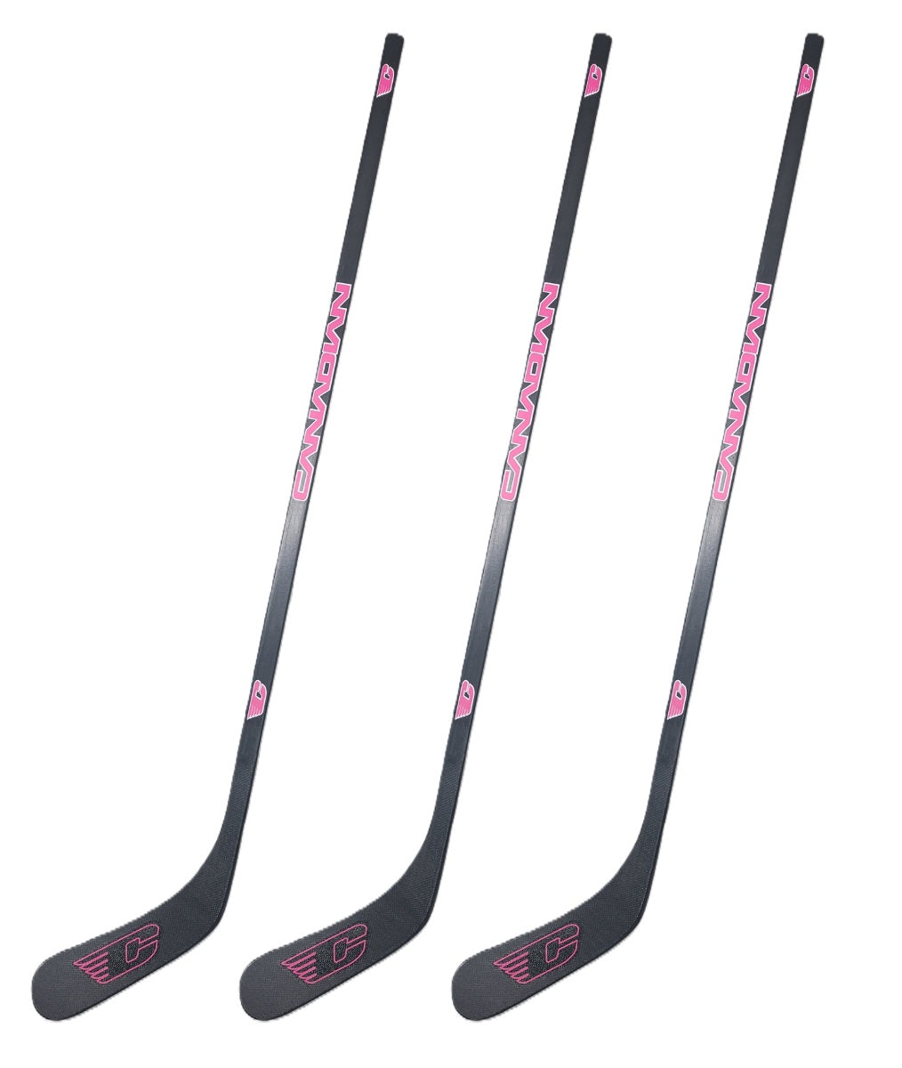 Canadian C34 1-Piece Wood Hockey Sticks - Youth | 30 Flex | Black/Pink | 3 Pack