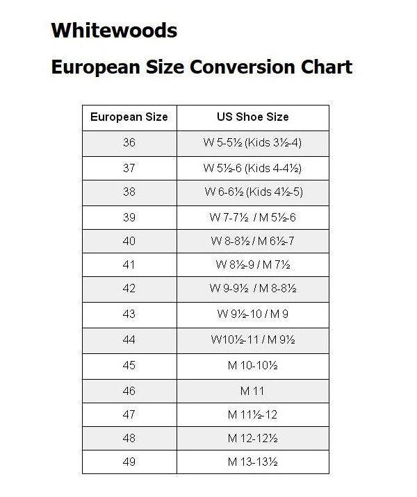 Whitewoods European Size Conversion Chart for shoes